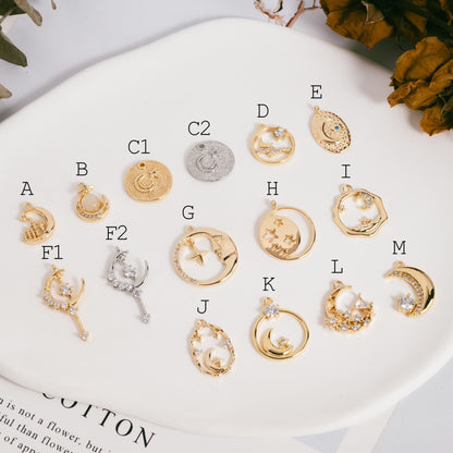 4pcs CZ pave Gold/ Silver Moon Star Charms, 18K Gold/ Rhodium plated Brass Moon Pendants (GB-2433)