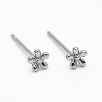 10pcs Gold/ Silver Flower Ear Posts 4mm, Gold/ Rhodium Plated Brass Stud Earrings, DIY Ear Findings (GB-3056)