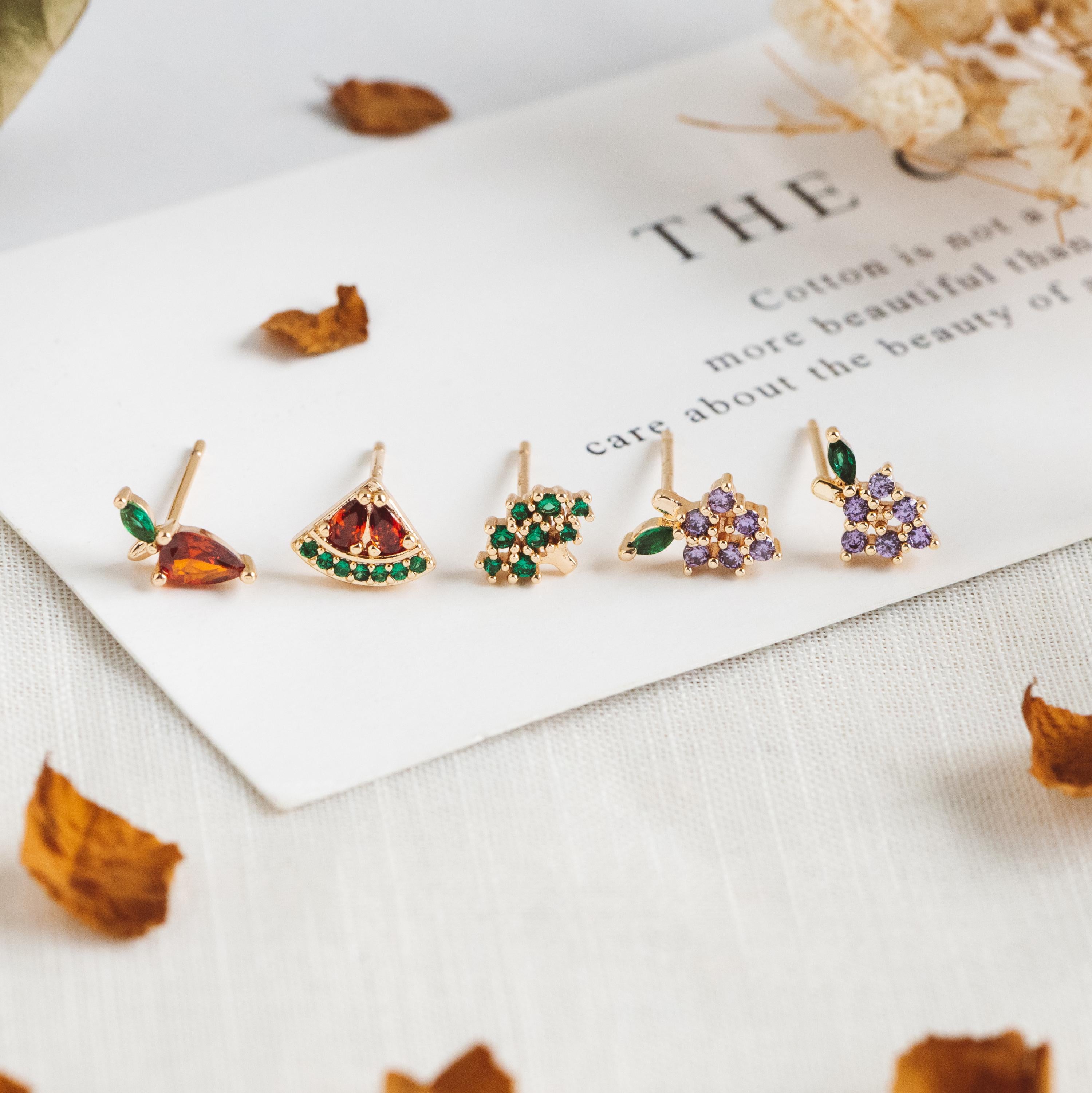 10pcs CZ Pave Gold Fruits and Vegetables Ear Posts, Gold Plated Brass Stud Earrings, Minimalist Summer Earrings (GB-3854)