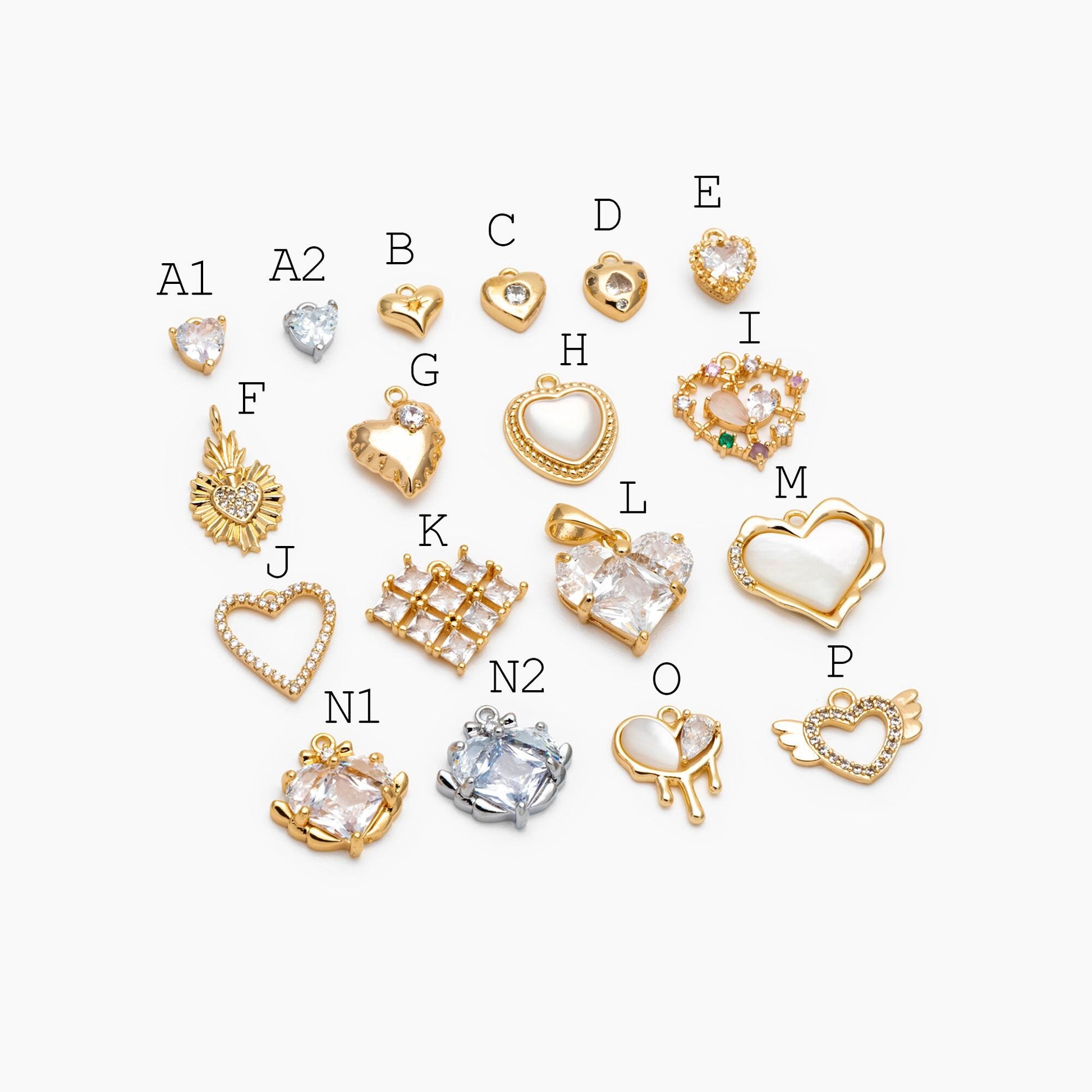 4pcs Gold/ Silver Tone Heart Charms, 18K Gold/ Rhodium plated Brass, Dainty Heart Pendants (GB-2782)