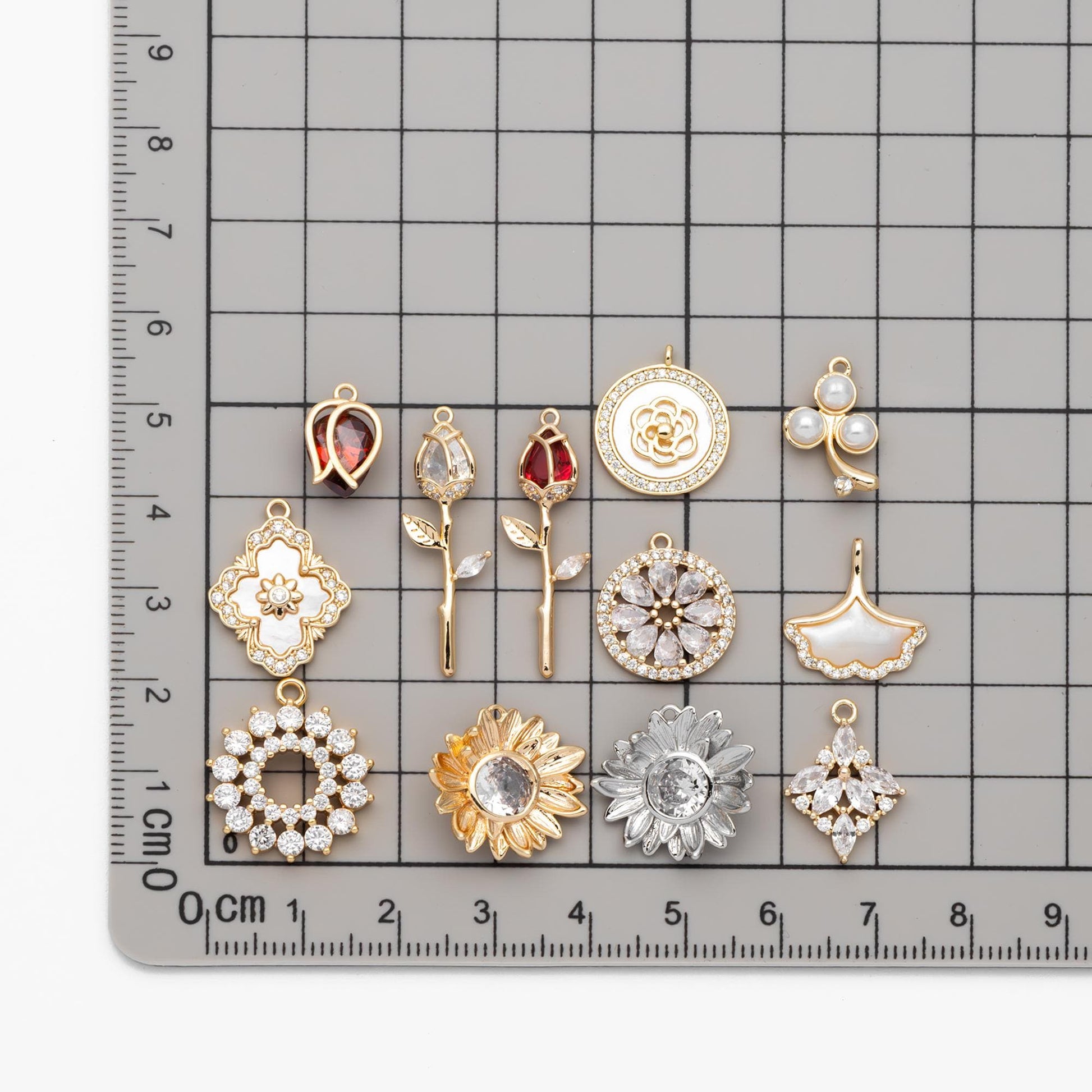 4pcs CZ Pave Flower Charms, 18K Real Gold/ Rhodium plated Brass, Flower Earring Pendants (GB-3579)
