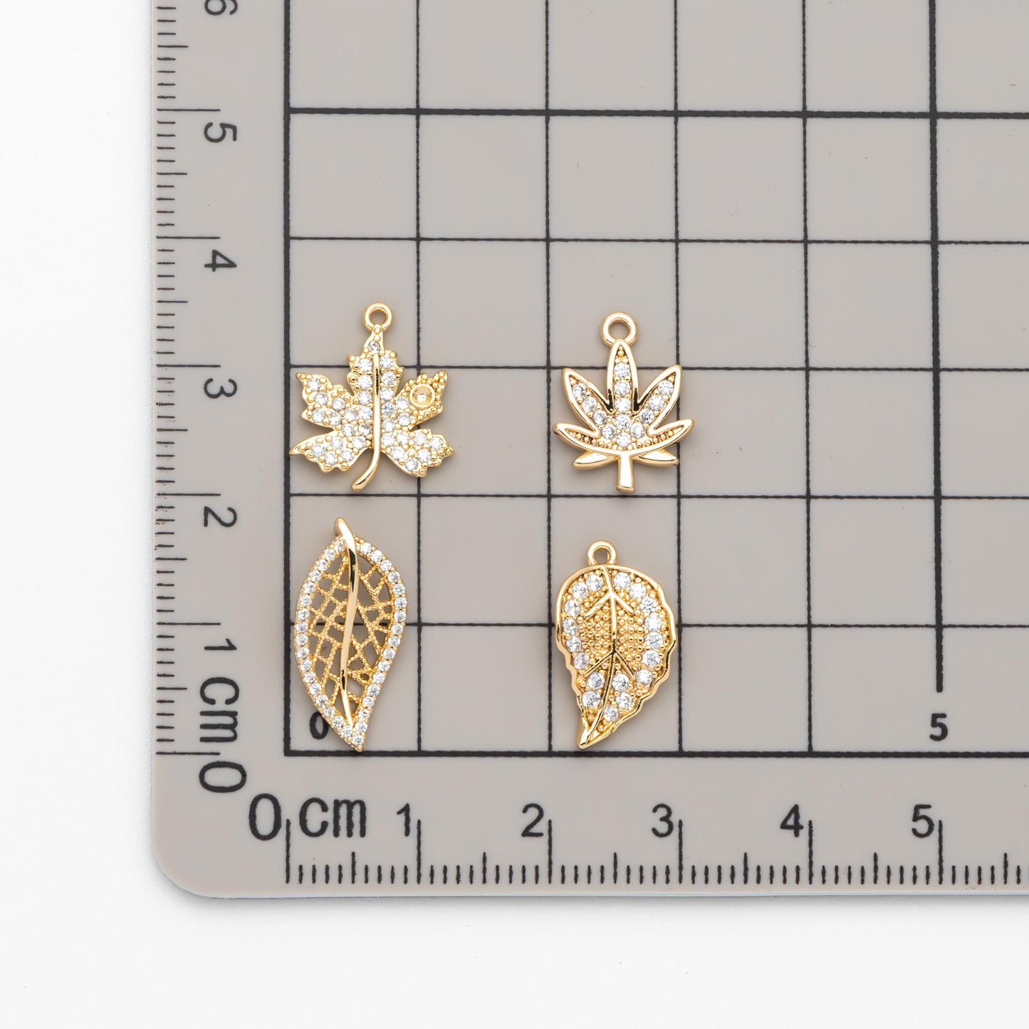 4pcs CZ Pave Gold Leaf Charms, Real Gold Plated Brass, Dainty Leaf Pendants (GB-1312)