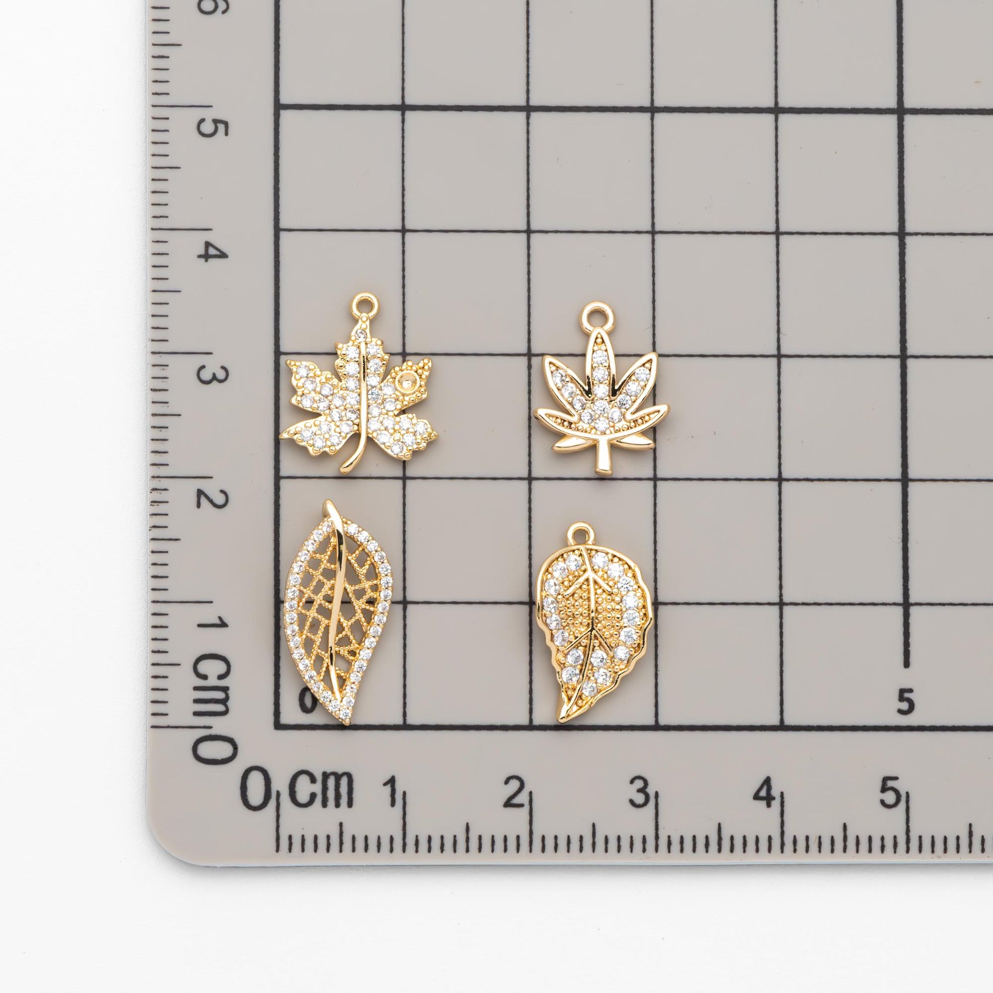 4pcs CZ Pave Gold Leaf Charms, Real Gold Plated Brass, Dainty Leaf Pendants (GB-1312)