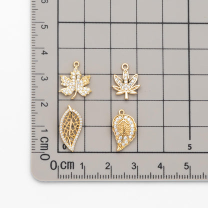4pcs CZ Pave Gold Leaf Charms, Real Gold Plated Brass, Dainty Leaf Pendants (GB-1312)