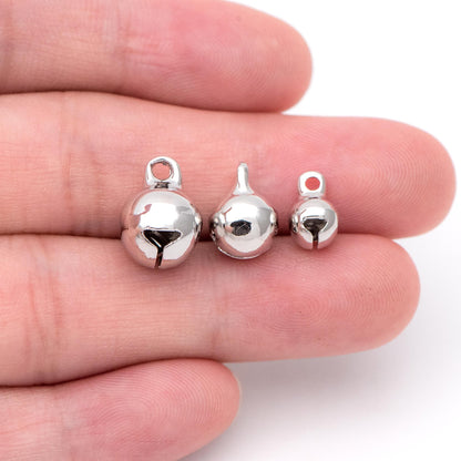 10pcs Gold/ Silver Tone Jingle Bell Charms, 6/ 8/ 10mm, Real Gold/ Rhodium plated Brass, Round Cat Bell Charms Can Ring (GB-192)