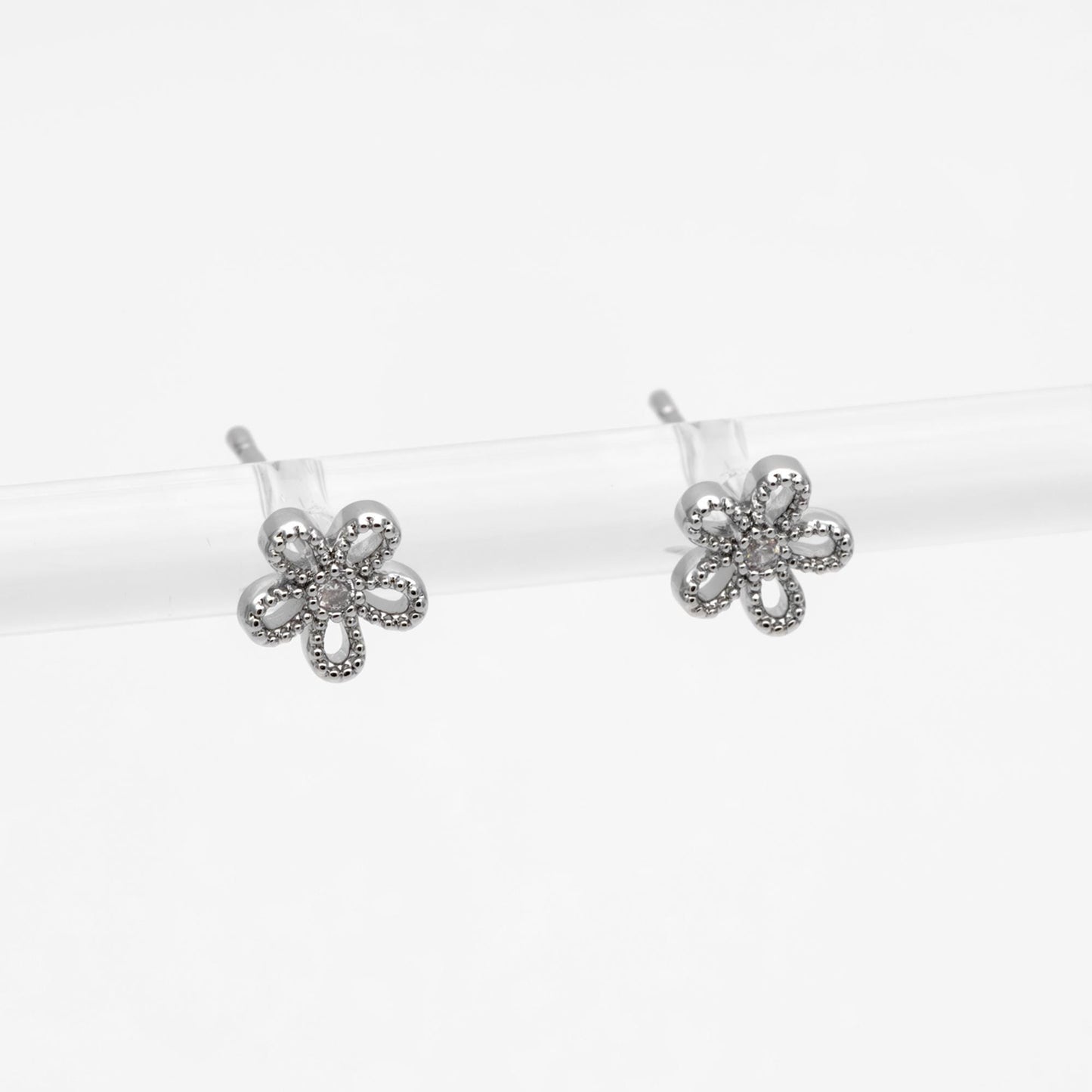 10pcs CZ Pave Gold/ Silver Flower Ear Posts 6mm, Gold/ Rhodium Plated Brass Stud Earrings, DIY Ear Findings (GB-3381)