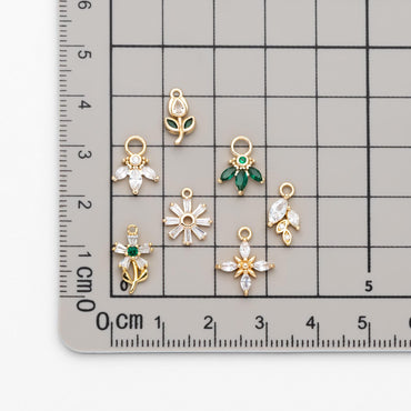 4pcs CZ Pave Gold Flower Leaf Charms, 18K Gold plated Brass, Dainty Earring Pendants (GB-4130)