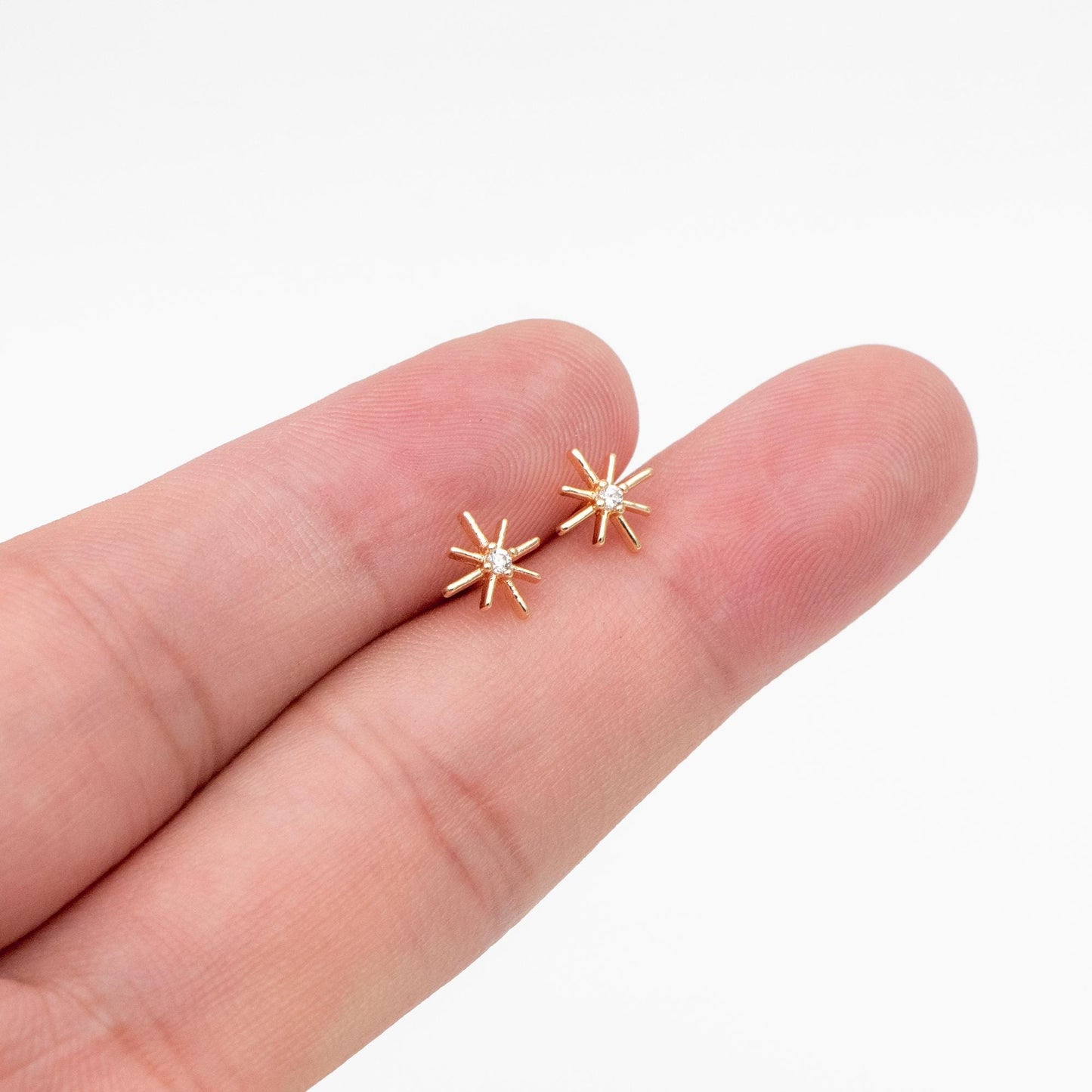 10pcs CZ Paved North Star Earrings 7.5mm, Real Gold Plated Brass Star Stud Earrings (#GB-3041-H)