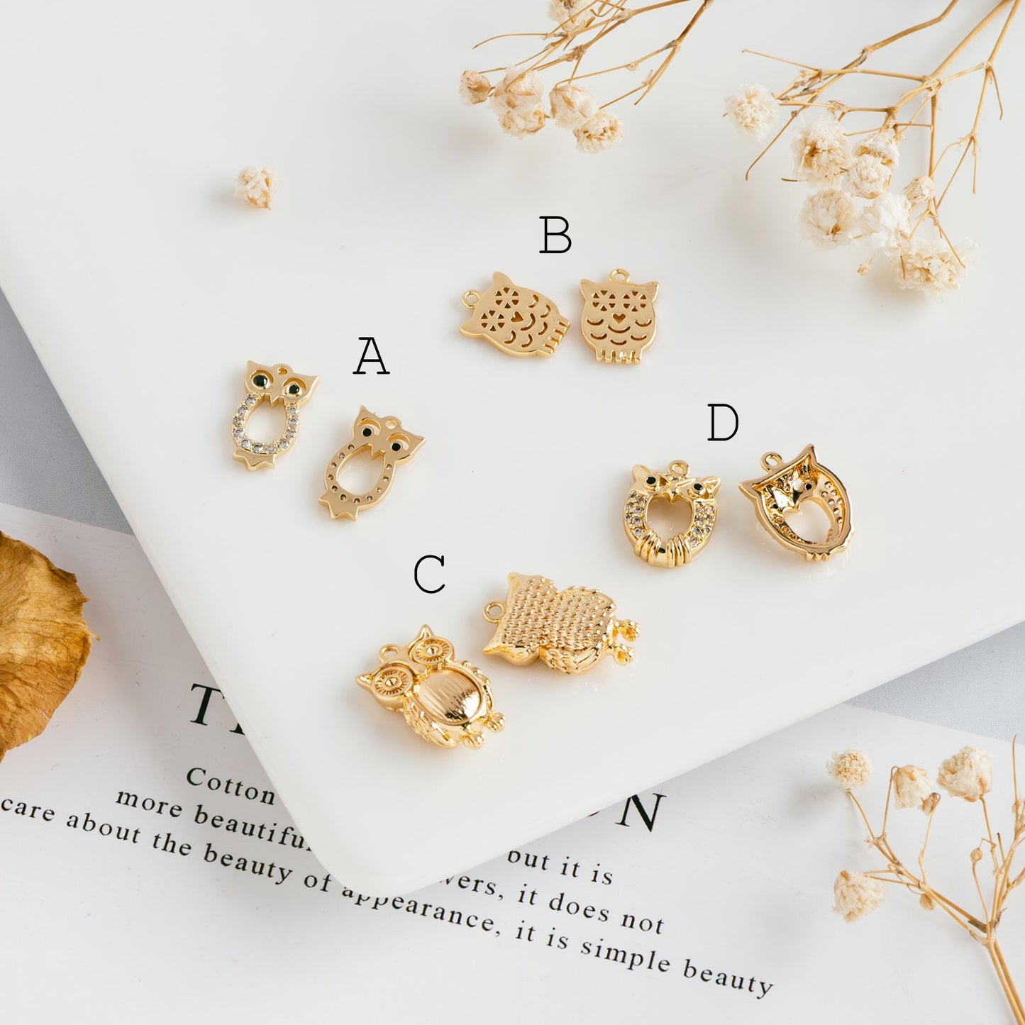 10pcs Gold Owl Charms , Real Gold plated Brass, Cute Owl Pendants (GB-176)