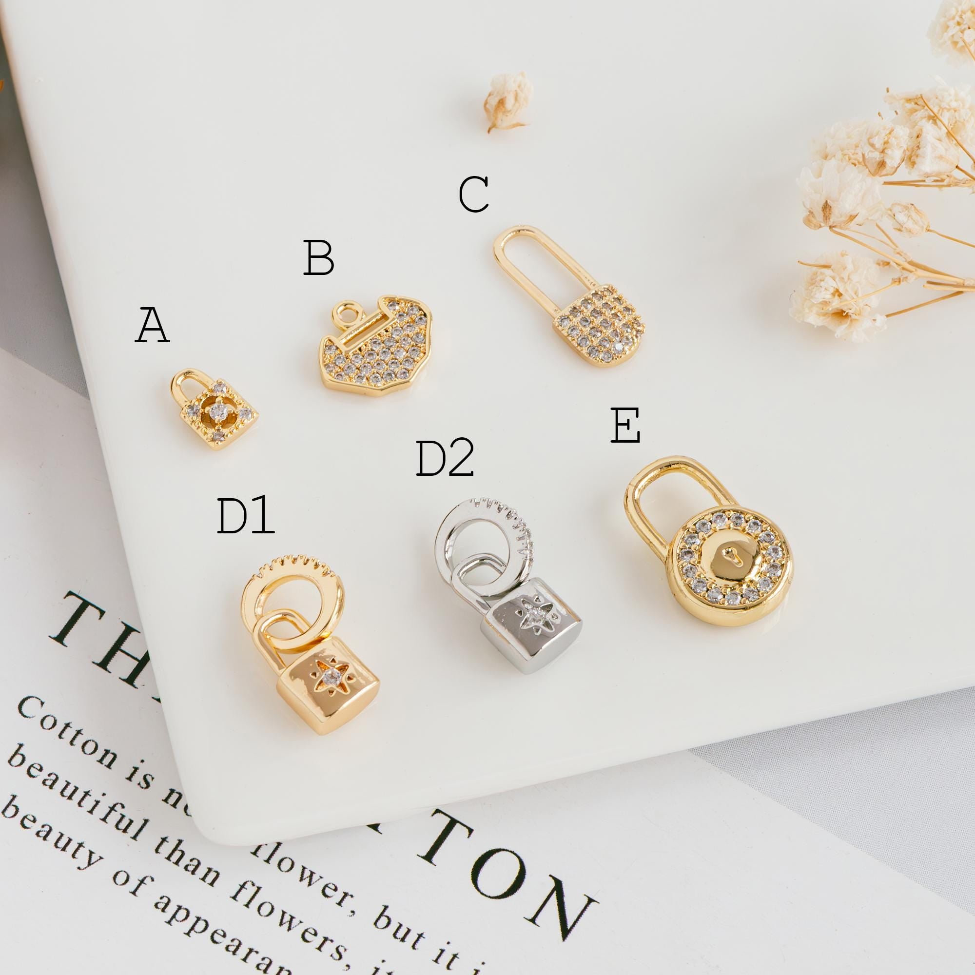 4pcs CZ Pave Gold/ Silver Tone Lock Charms, Real Gold/ Rhodium plated Brass, Mini Lock Pendants (GB-751)