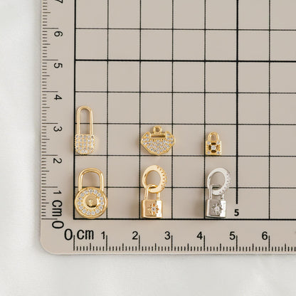 4pcs CZ Pave Gold/ Silver Tone Lock Charms, Real Gold/ Rhodium plated Brass, Mini Lock Pendants (GB-751)
