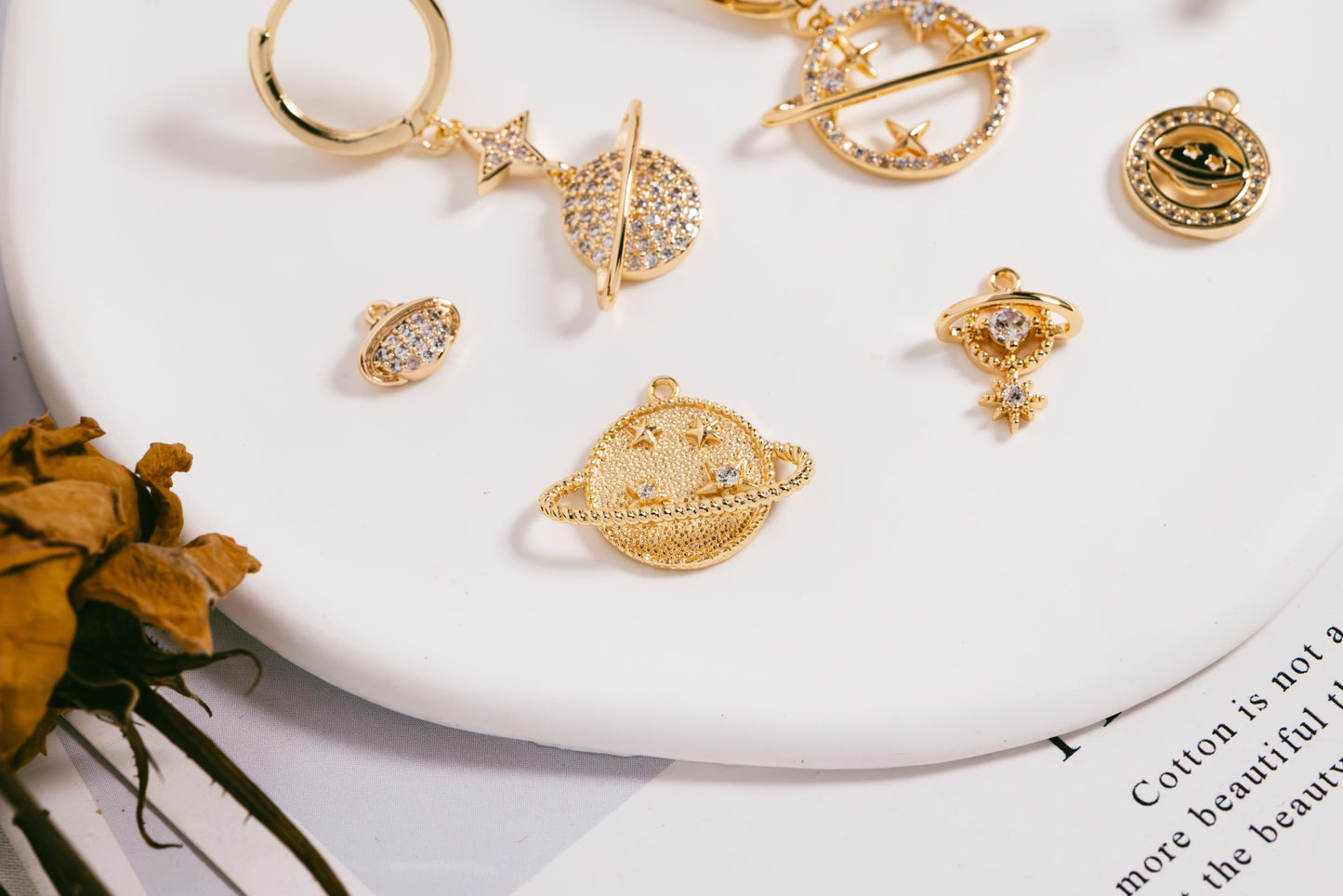 4pcs CZ pave Gold Saturn Charms , Gold plated Brass Planet Pendants, DIY Earring Necklace Components (GB-1173)