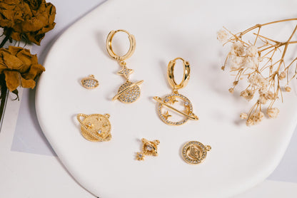 4pcs CZ pave Gold Saturn Charms , Gold plated Brass Planet Pendants, DIY Earring Necklace Components (GB-1173)