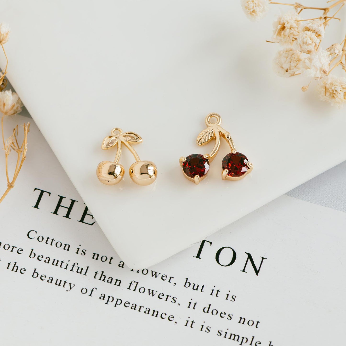 4pcs Gold Cherry Charms, Real Gold plated Brass, Cute Earring Charms (GB-2612)