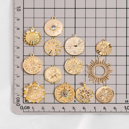 4pcs Gold Round Sun Charms , 18K Gold plated Brass, Disk Sun Pendants (GB-1232)