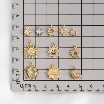 10pcs CZ Pave Gold/ Silver Sun Charm , 18K Gold/ Rhodium plated Brass, Sun Pendants (GB-1658)