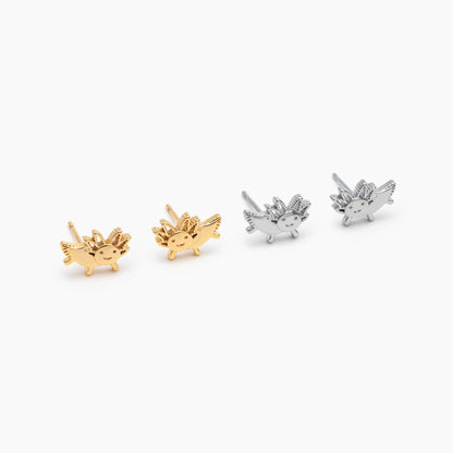 10pcs Gold/ Silver Tone Axolotl Earrings, 18K Real Gold/ Rhodium Plated Brass, Minimalist Animal Stud Earrings (GB-4460-M)