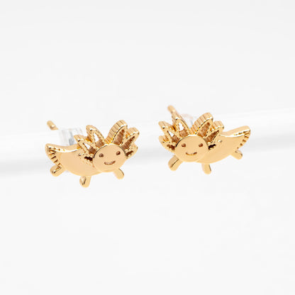 10pcs Gold/ Silver Tone Axolotl Earrings, 18K Real Gold/ Rhodium Plated Brass, Minimalist Animal Stud Earrings (GB-4648)