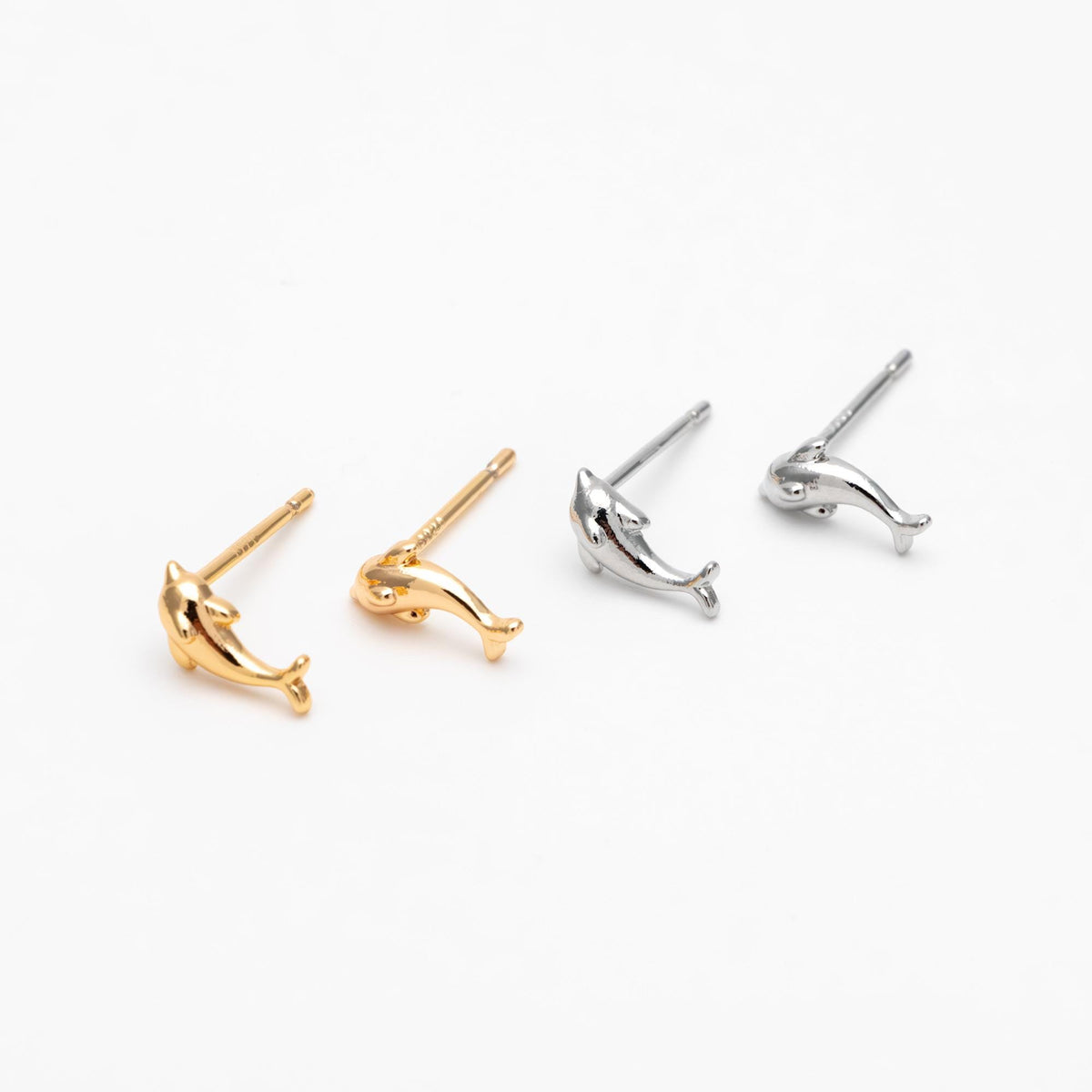 10pcs Gold/ Silver Tone Dolphin Earrings, 18K Real Gold/ Rhodium plated Brass, Cute Ocean Stud Earrings (GB-4460-B)