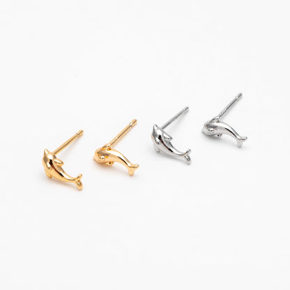 10pcs Gold/ Silver Tone Dolphin Earrings, 18K Real Gold/ Rhodium plated Brass, Cute Ocean Stud Earrings (GB-4460-B)