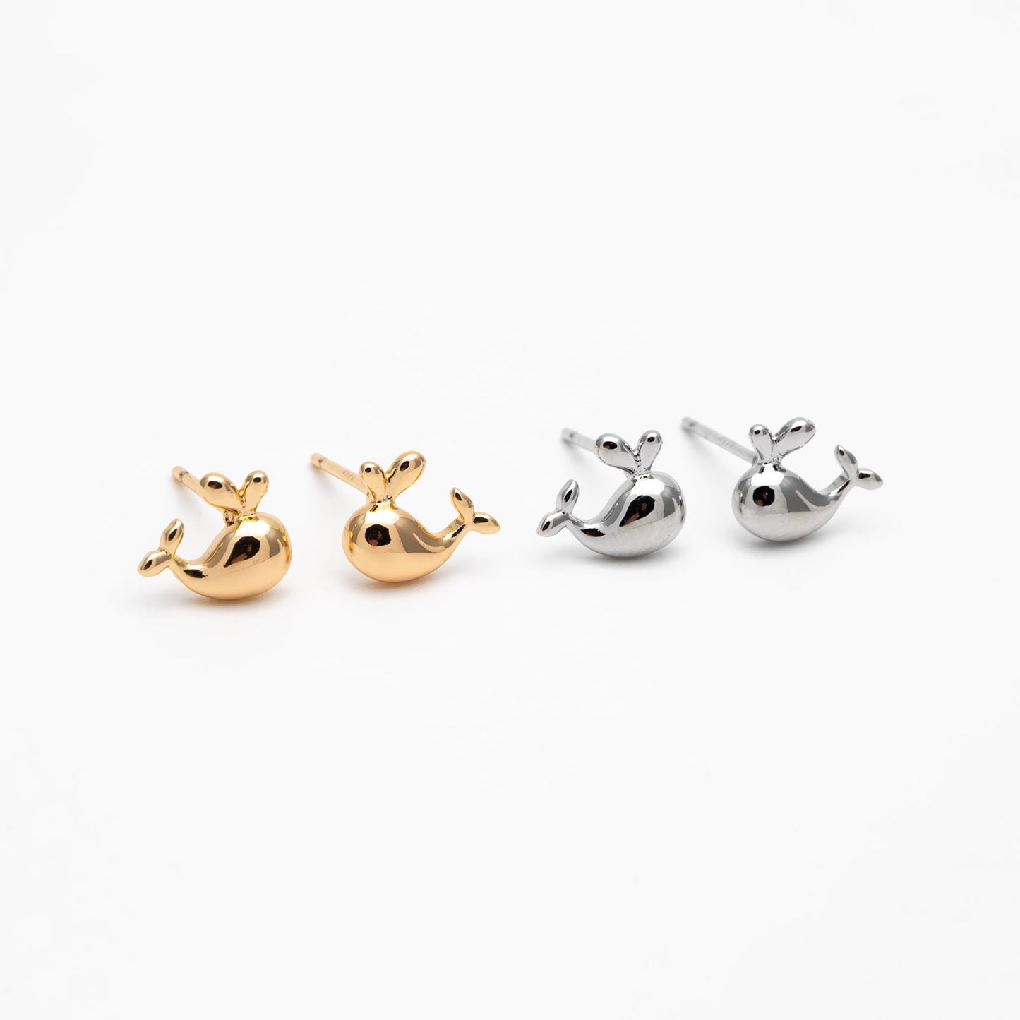 10pcs Gold/ Silver Tone Whale Earrings, 18K Real Gold/ Rhodium plated Brass, Cute Ocean Stud Earrings (GB-4460-C)