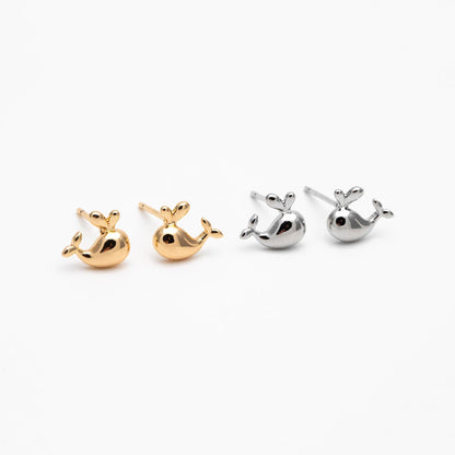 10pcs Gold/ Silver Tone Whale Earrings, 18K Real Gold/ Rhodium plated Brass, Cute Ocean Stud Earrings (GB-4651)
