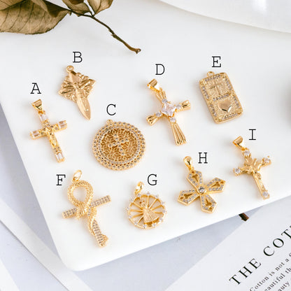4pcs CZ pave Gold Cross Pendant, Christian Cross Pendant, Snake Charms, Ankh, Jewelry Supplies (GB-2288)