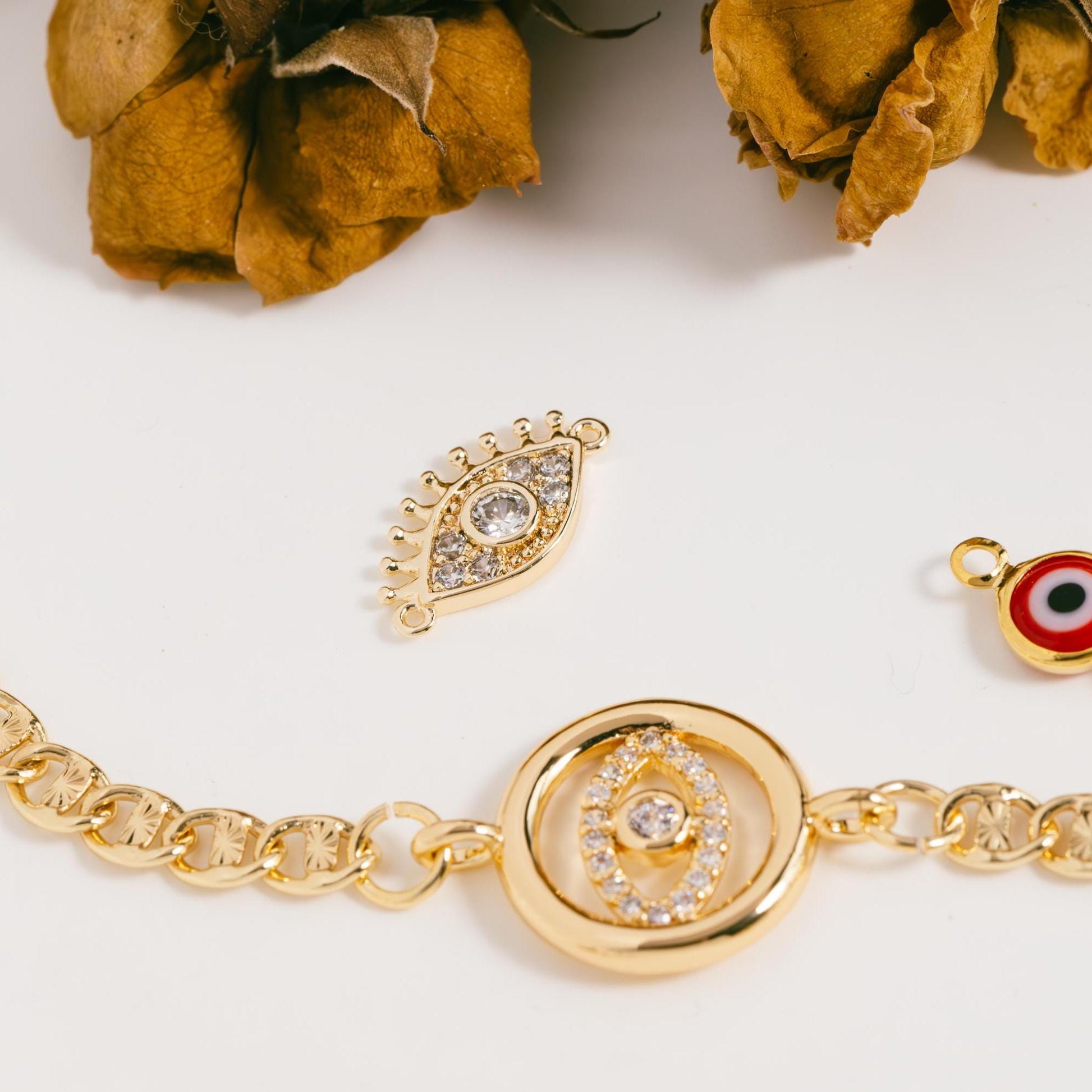 10pcs Gold Evil Eye Connectors, Evil Eye Pendant, Evil Eye Charms, Earring Finding (GB-1999)