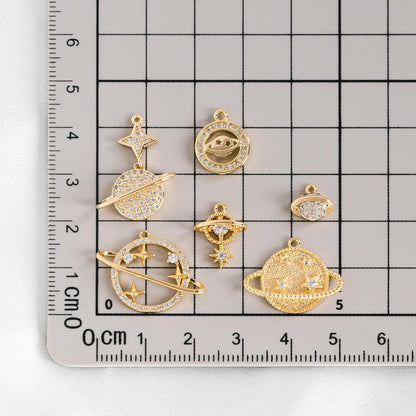 4pcs CZ pave Gold Saturn Charms , Gold plated Brass Planet Pendants, DIY Earring Necklace Components (GB-1173)