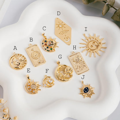 4pcs Gold Sun Moon Star Charms, 18K Gold plated Brass, CZ Pave Celetial Pendants (GB-2991)