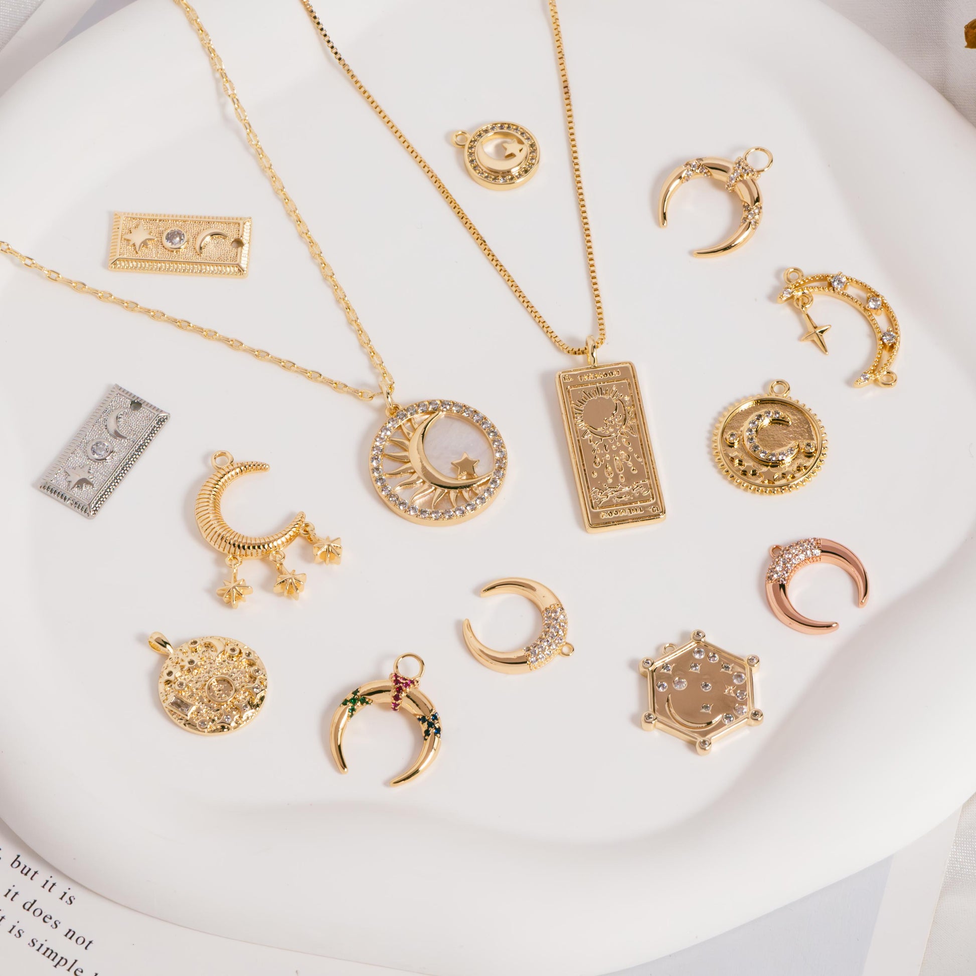 4pcs Gold/ Silver Tone Moon and Star Charm, 18K Gold/ Rhodium plated Brass, Celestial Charm Pendants (GB-2394)