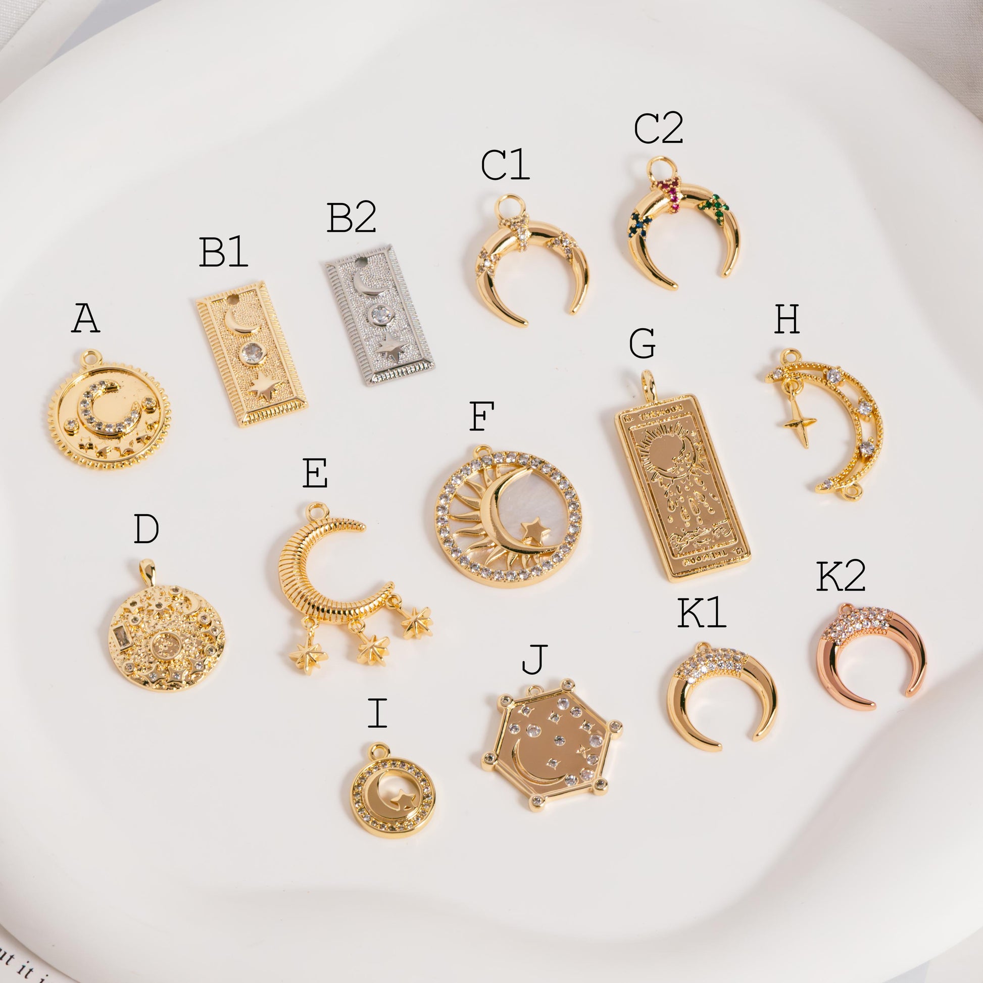 4pcs Gold/ Silver Tone Moon and Star Charm, 18K Gold/ Rhodium plated Brass, Celestial Charm Pendants (GB-2394)