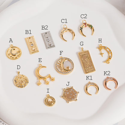 4pcs Gold/ Silver Tone Moon and Star Charm, 18K Gold/ Rhodium plated Brass, Celestial Charm Pendants (GB-2394)