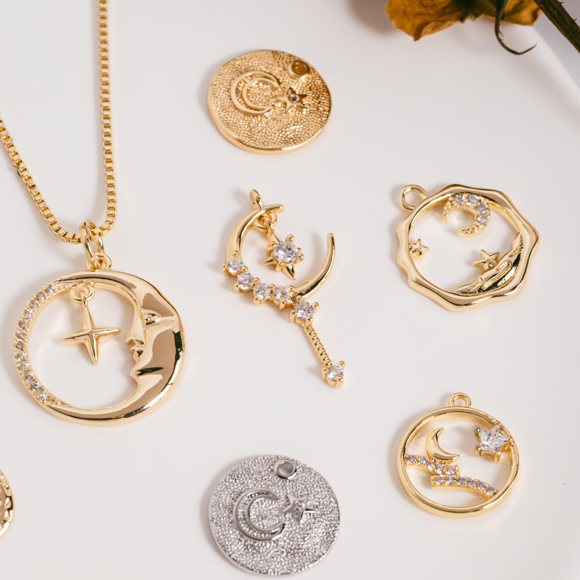 4pcs CZ pave Gold/ Silver Moon Star Charms, 18K Gold/ Rhodium plated Brass Moon Pendants (GB-2433)