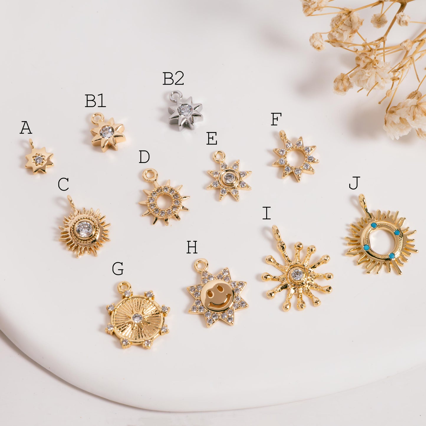 10pcs CZ Pave Gold/ Silver Sun Charm , 18K Gold/ Rhodium plated Brass, Sun Pendants (GB-1658)