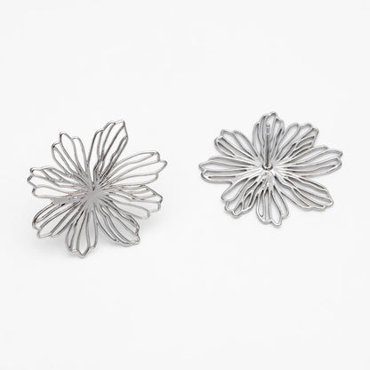 4pcs Gold/ Silver Hollow Flower Post Earrings 22x23mm, Gold/ Rhodium plated Brass Floral Stud Earring (#GB-4000)