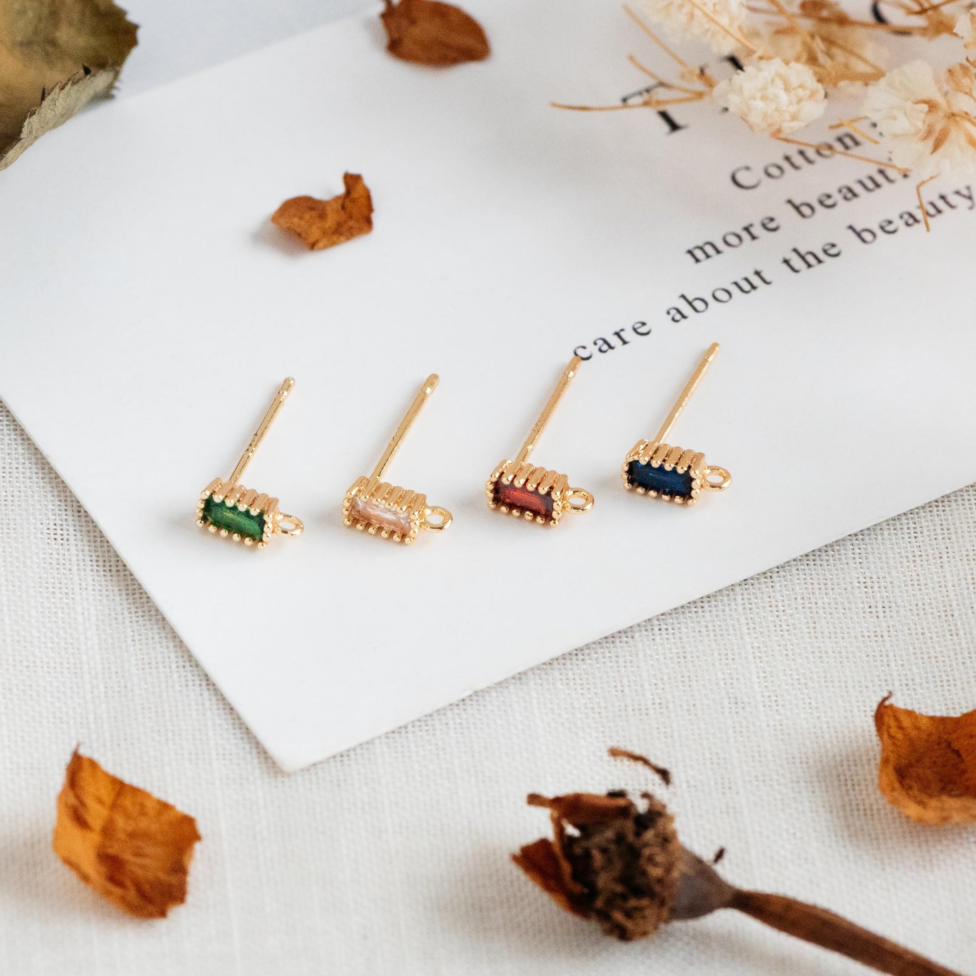 10pcs CZ Pave Rectangle Earring Stud with Loop, Emerald, Clear, Red, Blue, Geometric Earring Findings (#GB-2100)