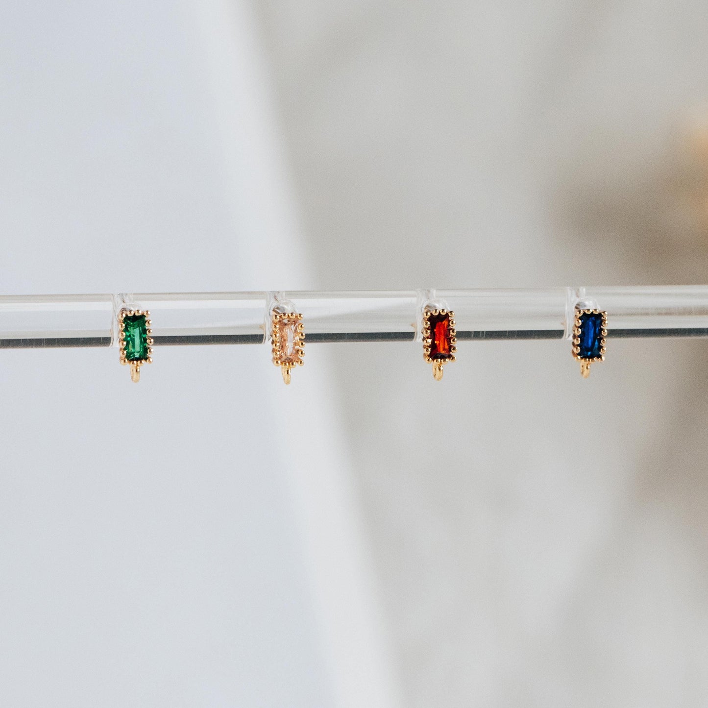 10pcs CZ Pave Rectangle Earring Stud with Loop, Emerald, Clear, Red, Blue, Geometric Earring Findings (#GB-2100)
