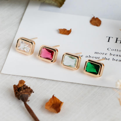 4pcs CZ Pave Rectangle Earring Studs, 18K Gold plated Brass Ear Posts, Geometric Earring Findings (#GB-3852)