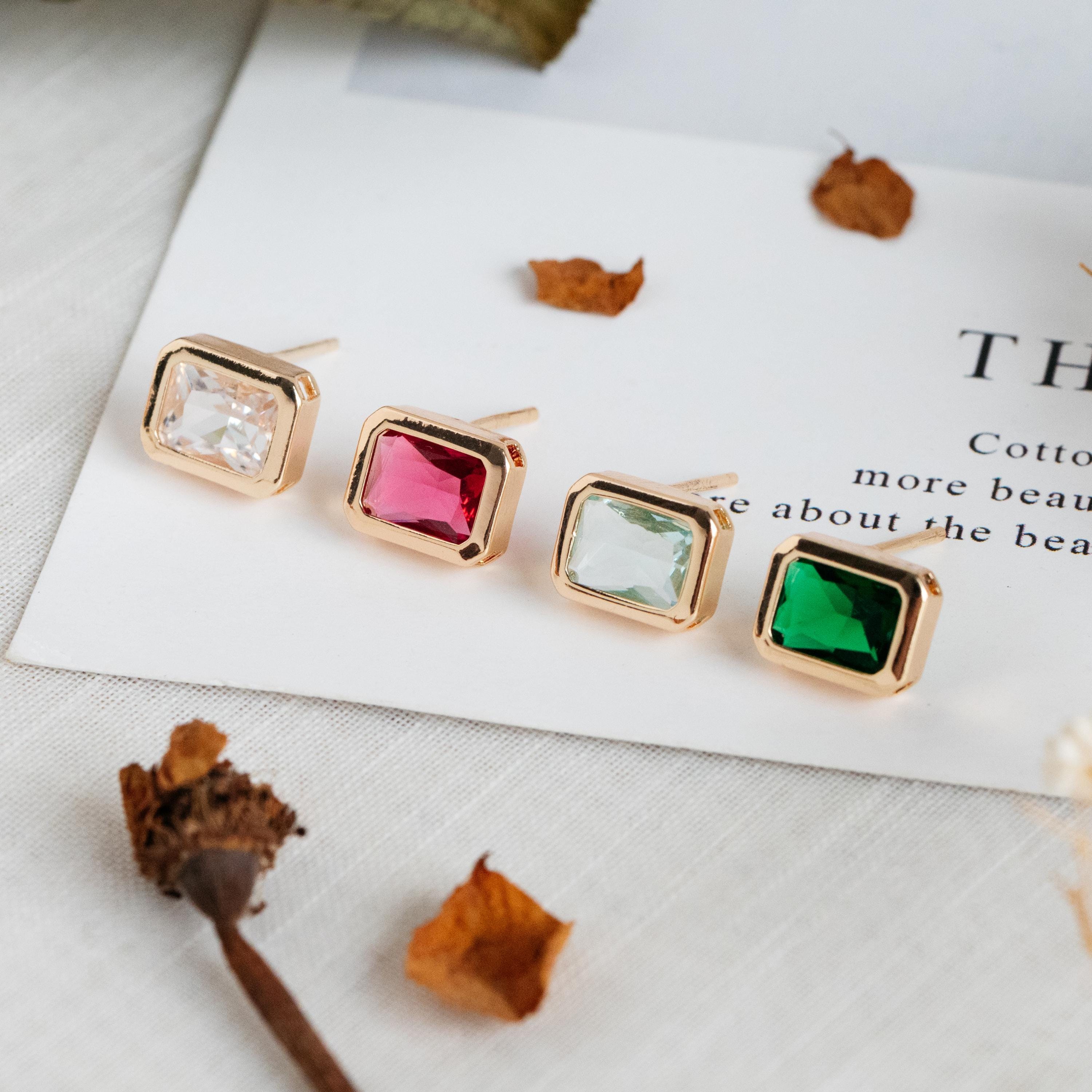 4pcs CZ Pave Rectangle Earring Studs, 18K Gold plated Brass Ear Posts, Geometric Earring Findings (#GB-3852)