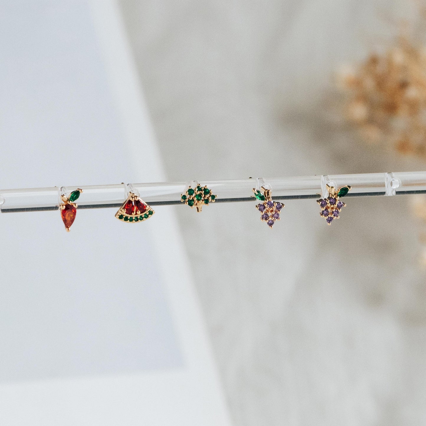 10pcs CZ Pave Gold Fruits and Vegetables Ear Posts, Gold Plated Brass Stud Earrings, Minimalist Summer Earrings (GB-3854)