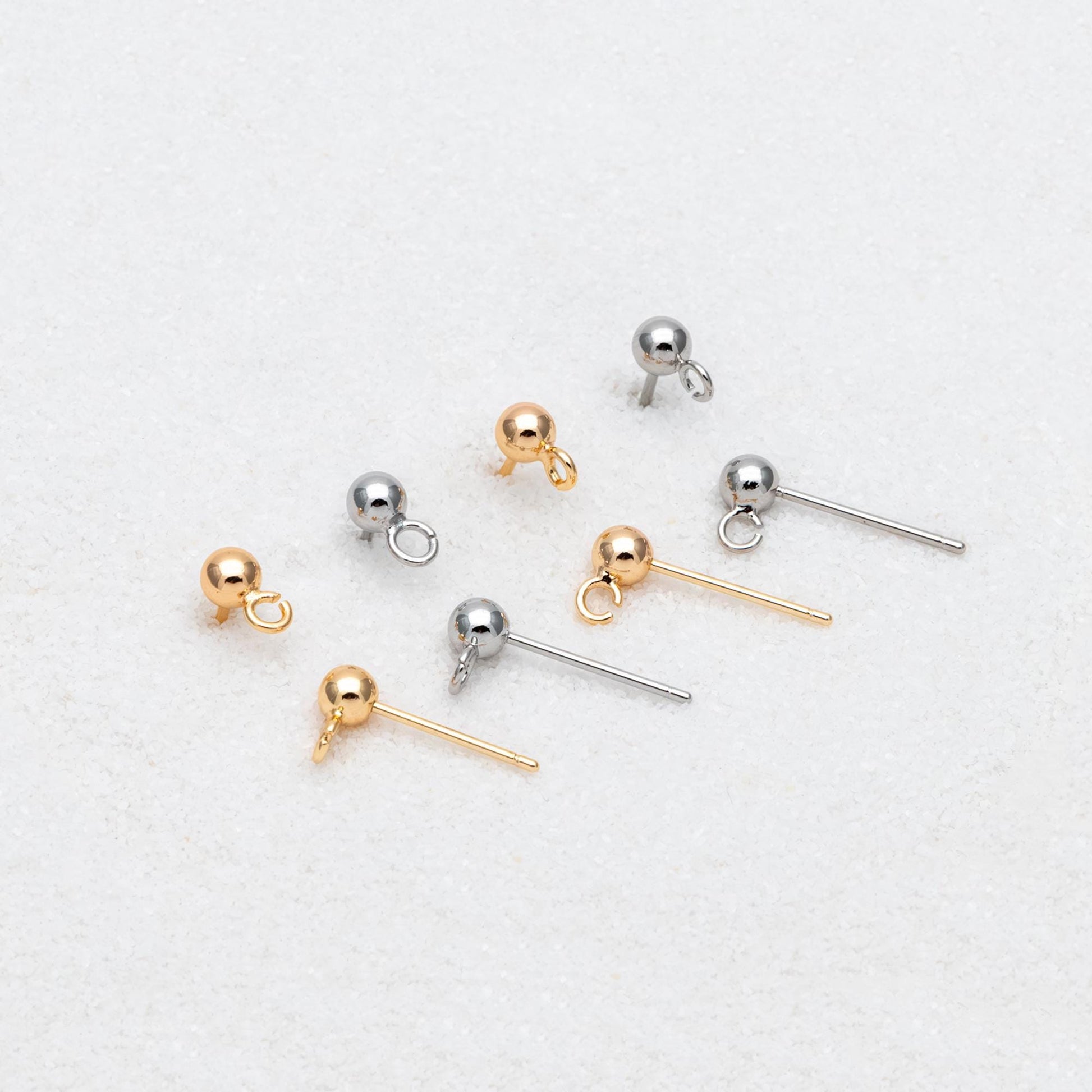20pcs Gold/ Rhodium plated Brass Stud Earring, Ball Ear Posts with Open Ring/ Loop, 4mm Ball Size (GB-1501)