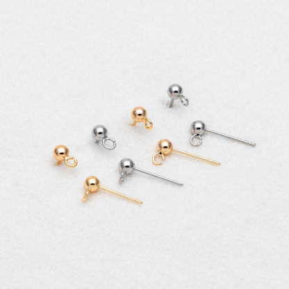 20pcs Gold/ Rhodium plated Brass Stud Earring, Ball Ear Posts with Open Ring/ Loop, 4mm Ball Size (GB-1501)