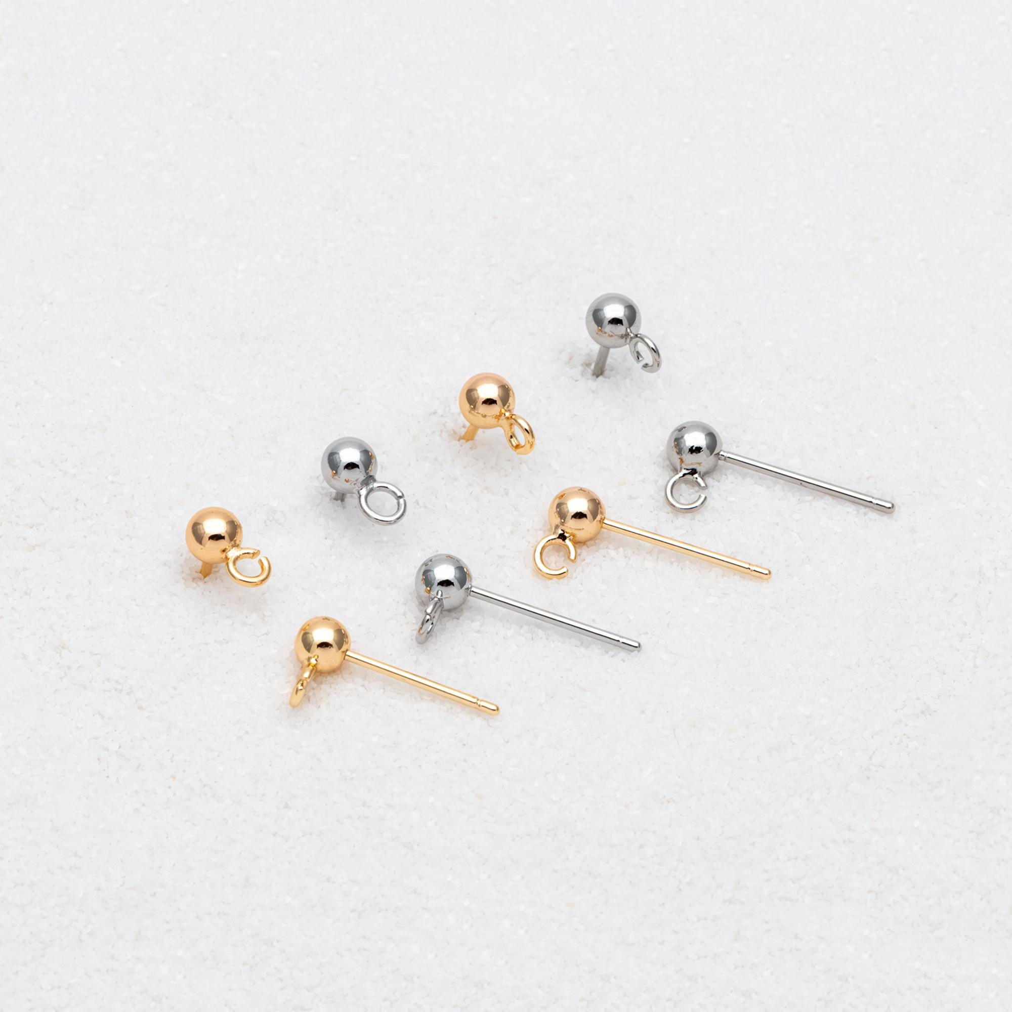 20pcs Gold/ Rhodium plated Brass Stud Earring, Ball Ear Posts with Open Ring/ Loop, 4mm Ball Size (GB-1501)