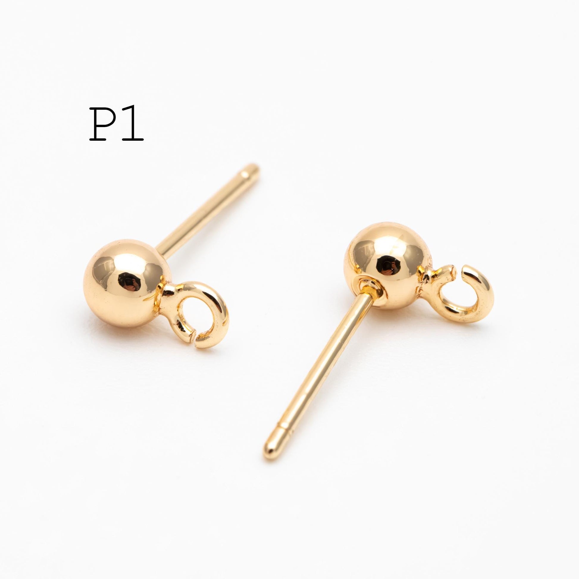 20pcs Gold/ Rhodium plated Brass Stud Earring, Ball Ear Posts with Open Ring/ Loop, 4mm Ball Size (GB-1501)