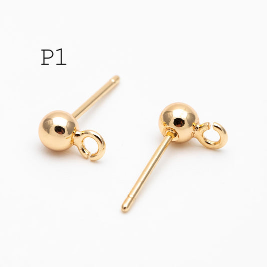 20pcs Gold/ Rhodium plated Brass Stud Earring, Ball Ear Posts with Open Ring/ Loop, 4mm Ball Size (GB-1501)