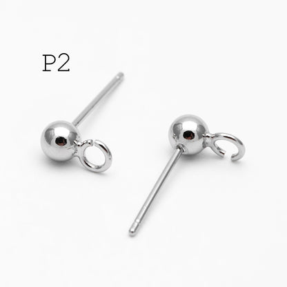 20pcs Gold/ Rhodium plated Brass Stud Earring, Ball Ear Posts with Open Ring/ Loop, 4mm Ball Size (GB-1501)