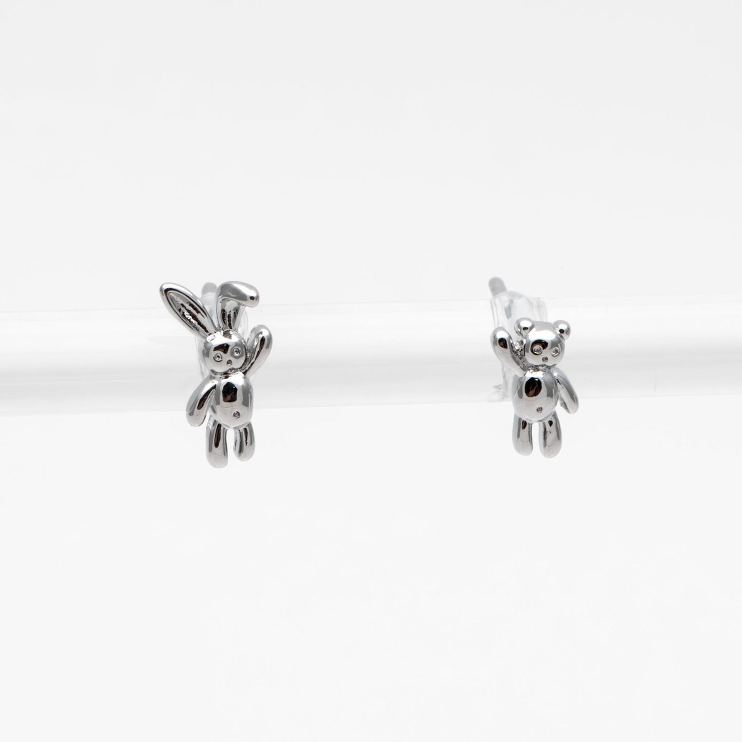 10pcs Gold/ Silver Rabbit and Bear Asymmetry Earrings, Gold/ Rhodium Plated Brass Minimalist Stud Earrings (GB-4207)