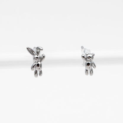 10pcs Gold/ Silver Rabbit and Bear Asymmetry Earrings, Gold/ Rhodium Plated Brass Minimalist Stud Earrings (GB-4207)