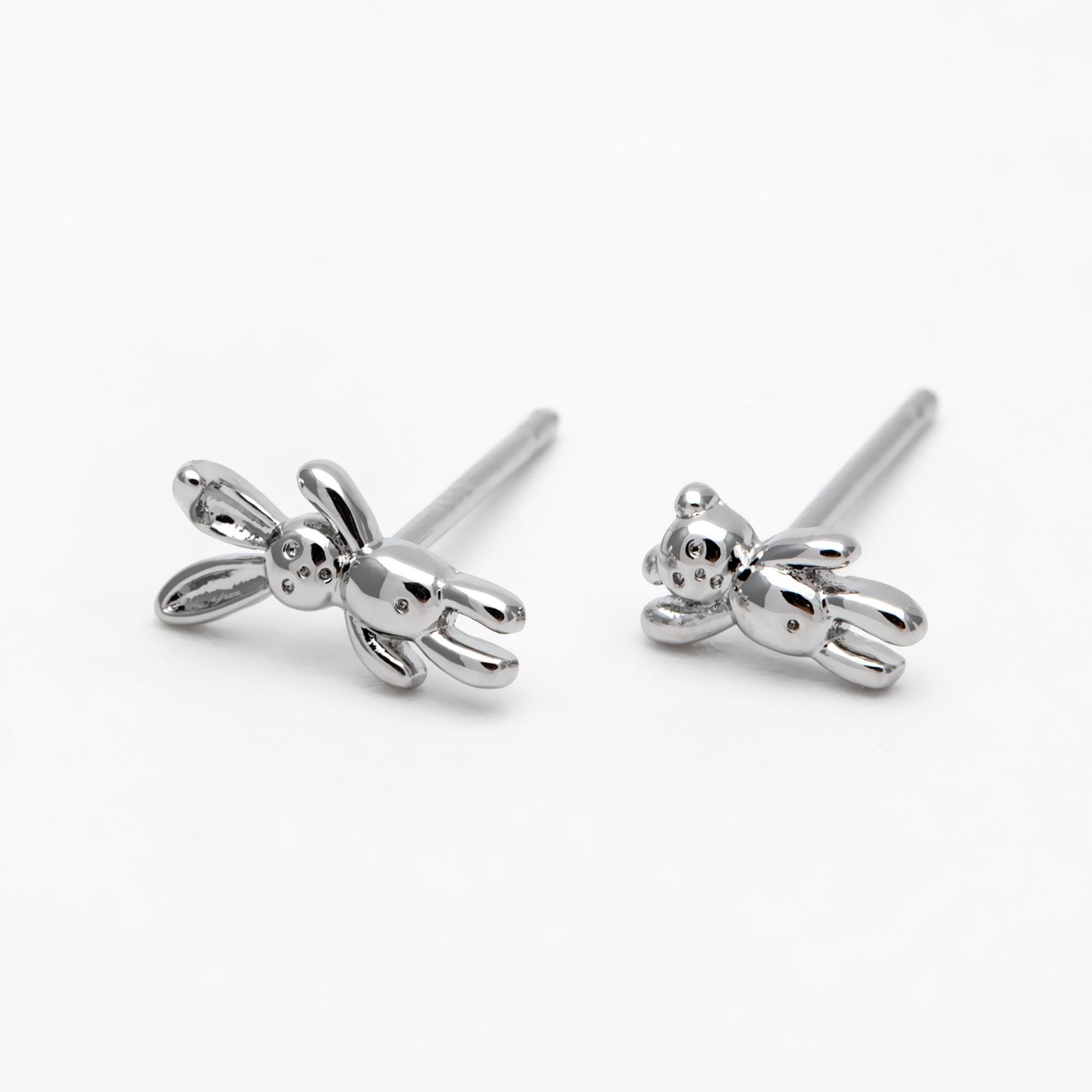 10pcs Gold/ Silver Rabbit and Bear Asymmetry Earrings, Gold/ Rhodium Plated Brass Minimalist Stud Earrings (GB-4207)